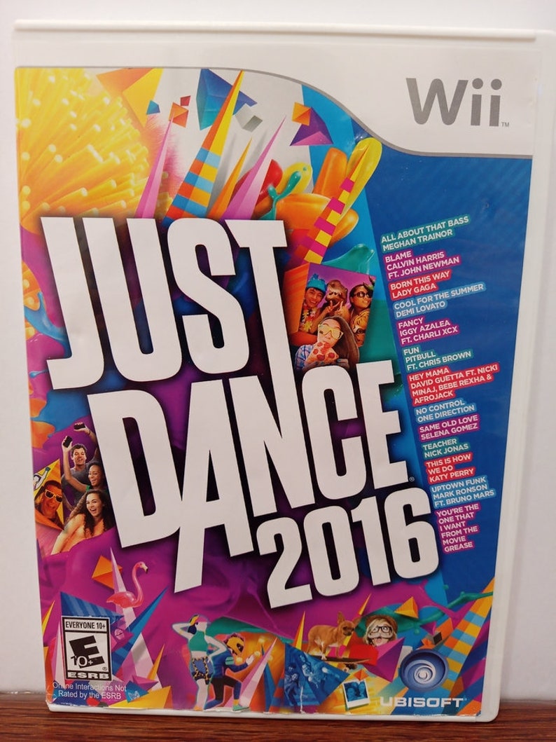 May include: A Wii game case for "Just Dance 2016" featuring a vibrant design with the game title in large white letters. The cover includes images of dancers and a list of songs, with the ESRB rating visible.