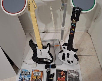 Nintendo Wii Rock Guitar Hero Bundle: DrumSet, 2 Guitars, Mic, Dongle 7 Games