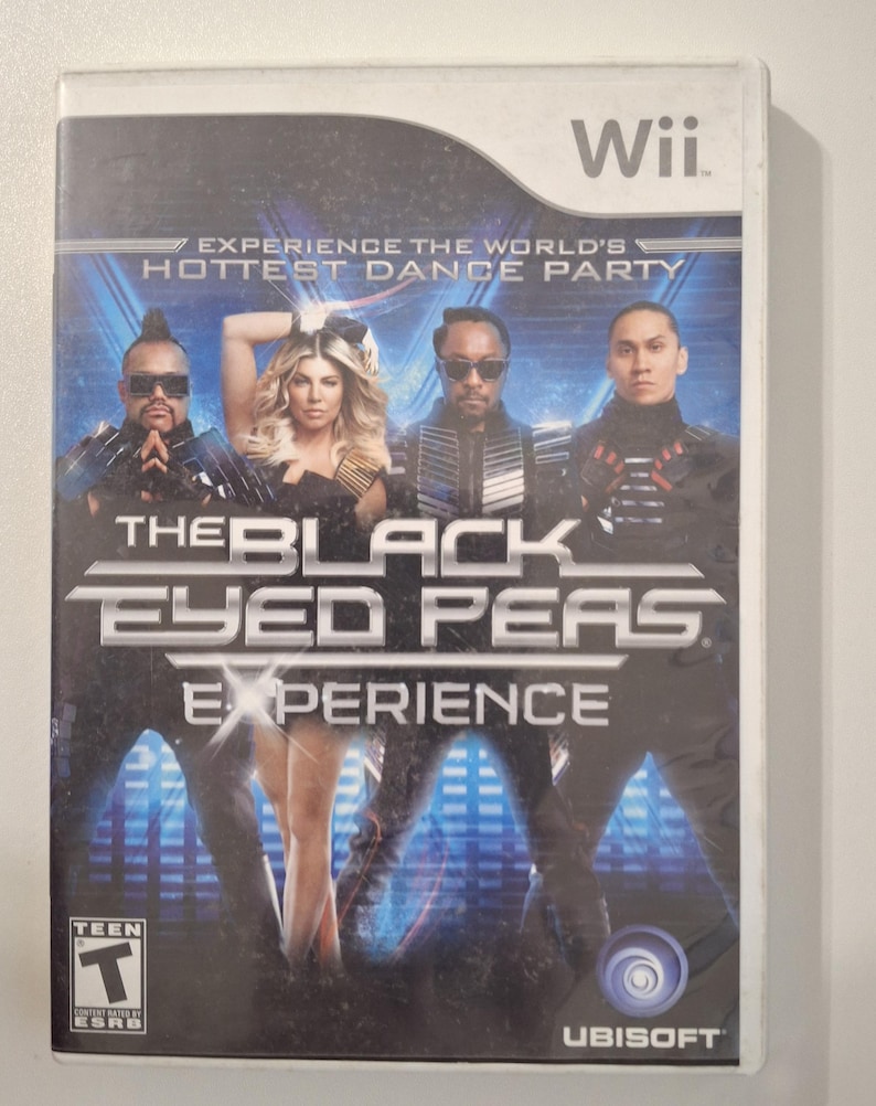 May include: Wii game case for "The Black Eyed Peas Experience." The cover features the band members in front of a blue and black background. The game is rated "Teen" by the ESRB and published by Ubisoft.
