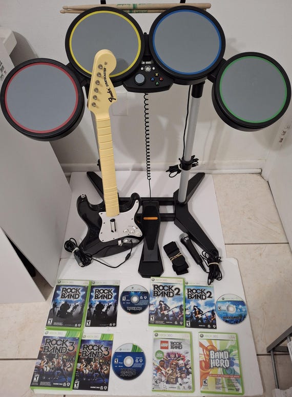Xbox 360 Rock Band 1, 2, 3, Mic, Drum Set, 1 Guitar, 7 Games Xbox 360 Rock Band 1, 2, 3, Mic, Drum Set, 1 Guitar, 7 Games