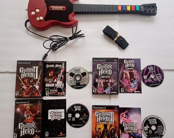 Vintage Guitar Hero 1, 2 , Encore 80s Rock, Guitar Hero 3 Legends of Rock PS2 Playstation 2 Bundle Red Octane Guitar Hero Bundle