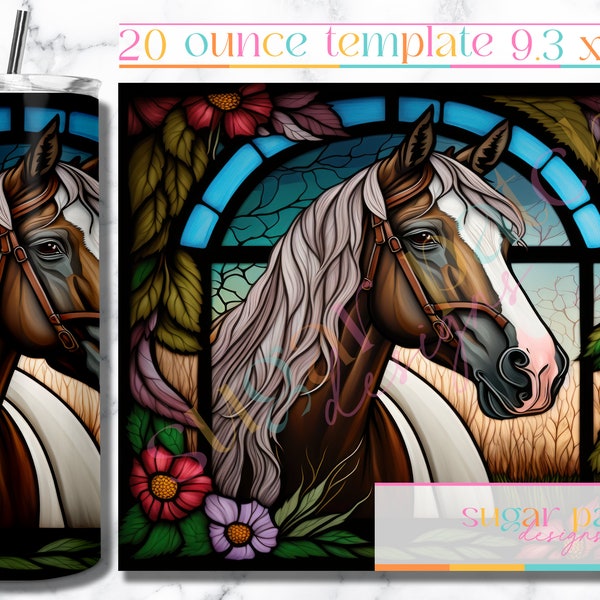 Stained Glass Horse 20oz Skinny Tumbler Sublimation Design Templates, Digital Download Straight Tumbler Wrap PNG, Nature Animal Tumbler