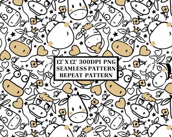 Cow Doodle Seamless Pattern, Seamless Background, Sublimation Designs, Repeat Digital Papers, Printable Pattern, Scrapbooking Background