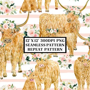 Highland Cow Seamless Pattern, Seamless Background, Sublimation Designs, Repeat Digital Papers, Printable Pattern, Scrapbooking Background