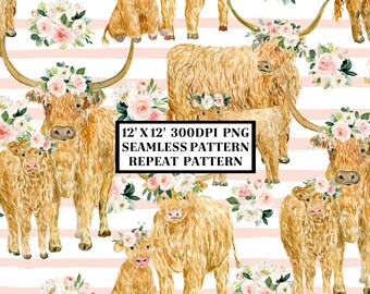 Highland Cow Seamless Pattern, Seamless Background, Sublimation Designs, Repeat Digital Papers, Printable Pattern, Scrapbooking Background