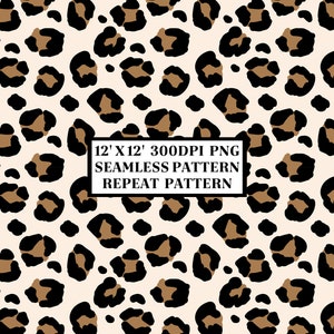 May include: A seamless repeat pattern featuring a leopard print design. The pattern includes black and brown spots on a cream background. The image also includes the text: 12' x 12' 300DPI PNG SEAMLESS PATTERN REPEAT PATTERN.