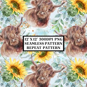 Highland Cow Seamless Pattern, Seamless Background, Sublimation Designs, Repeat Digital Papers, Printable Pattern, Scrapbooking Background