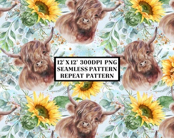 Highland Cow Seamless Pattern, Seamless Background, Sublimation Designs, Repeat Digital Papers, Printable Pattern, Scrapbooking Background