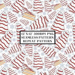 May include: Seamless Christmas pattern featuring stylized Christmas trees and cake slices on a white background. The trees are white with red stripes and green sprinkles. The cake slices are tan with a white filling. The text in the image says "12' X 12' 300DPI PNG SEAMLESS PATTERN REPEAT PATTERN".