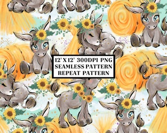 Donkey Seamless Pattern, Flower Seamless Background, Sublimation Designs, Repeat Digital Papers, Printable Pattern, Scrapbooking Background
