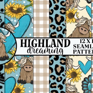 Op de afbeelding: Een set van 30,5 x 30,5 cm naadloze digitale patronen met Highland-koeien, zonnebloemen, harten en andere ontwerpen. De patronen zijn in verschillende kleuren, waaronder blauw, bruin, beige en zwart. De tekst "HIGHLAND dreaming" en "12 X 12 SEAMLESS PATTERNS" is opgenomen in de afbeelding.