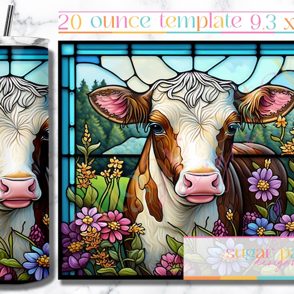 Stained Glass Cow 20oz Skinny Tumbler Sublimation Design Templates, Digital Download Straight Tumbler Wrap PNG, Nature Animal Tumbler