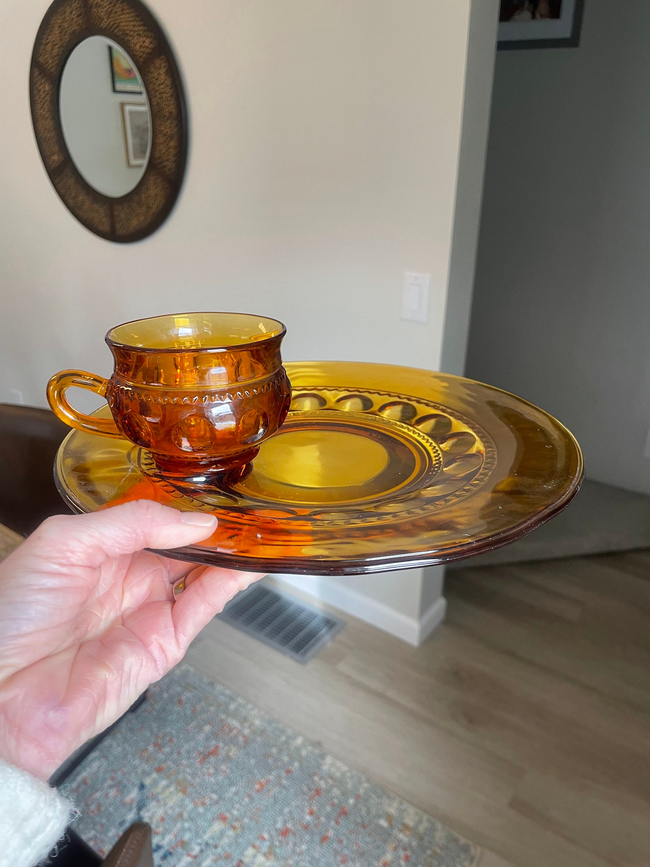 Amber Snack Plates With Cups Indiana Glass Set of 8 Etsy