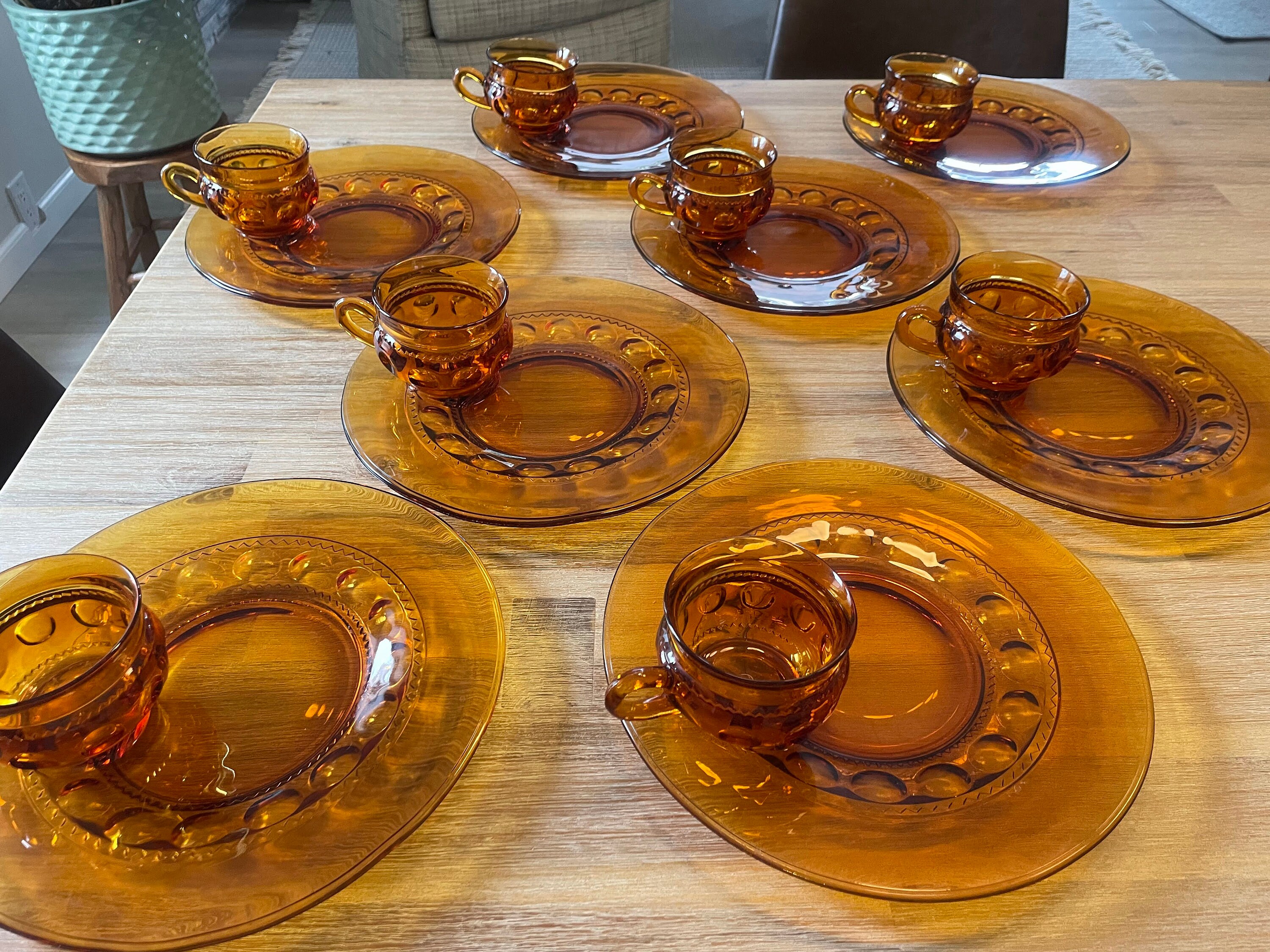 Amber Snack Plates With Cups Indiana Glass Set of 8 Etsy