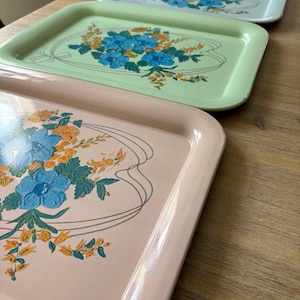 Set of 3 Vintage Metal Floral Trays in Pink, Blue, Green
