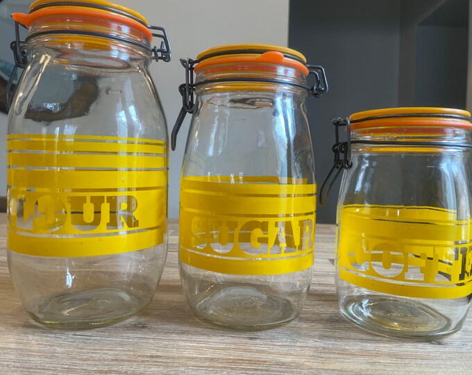 Retro Glass Kitchen Canisters/ Containers, Flour, Coffee, Sugar, Yellow