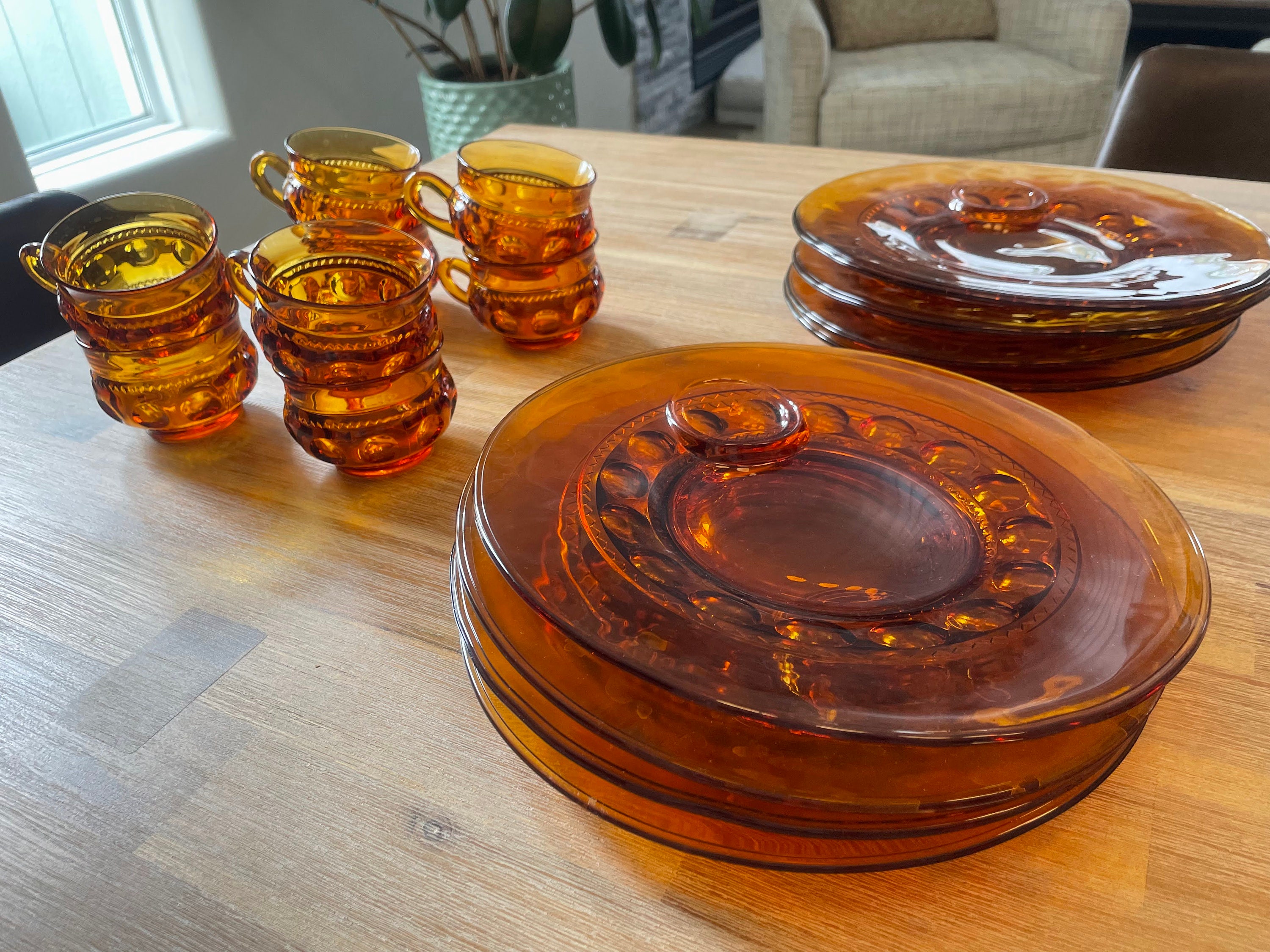 Amber Snack Plates With Cups Indiana Glass Set of 8 Etsy