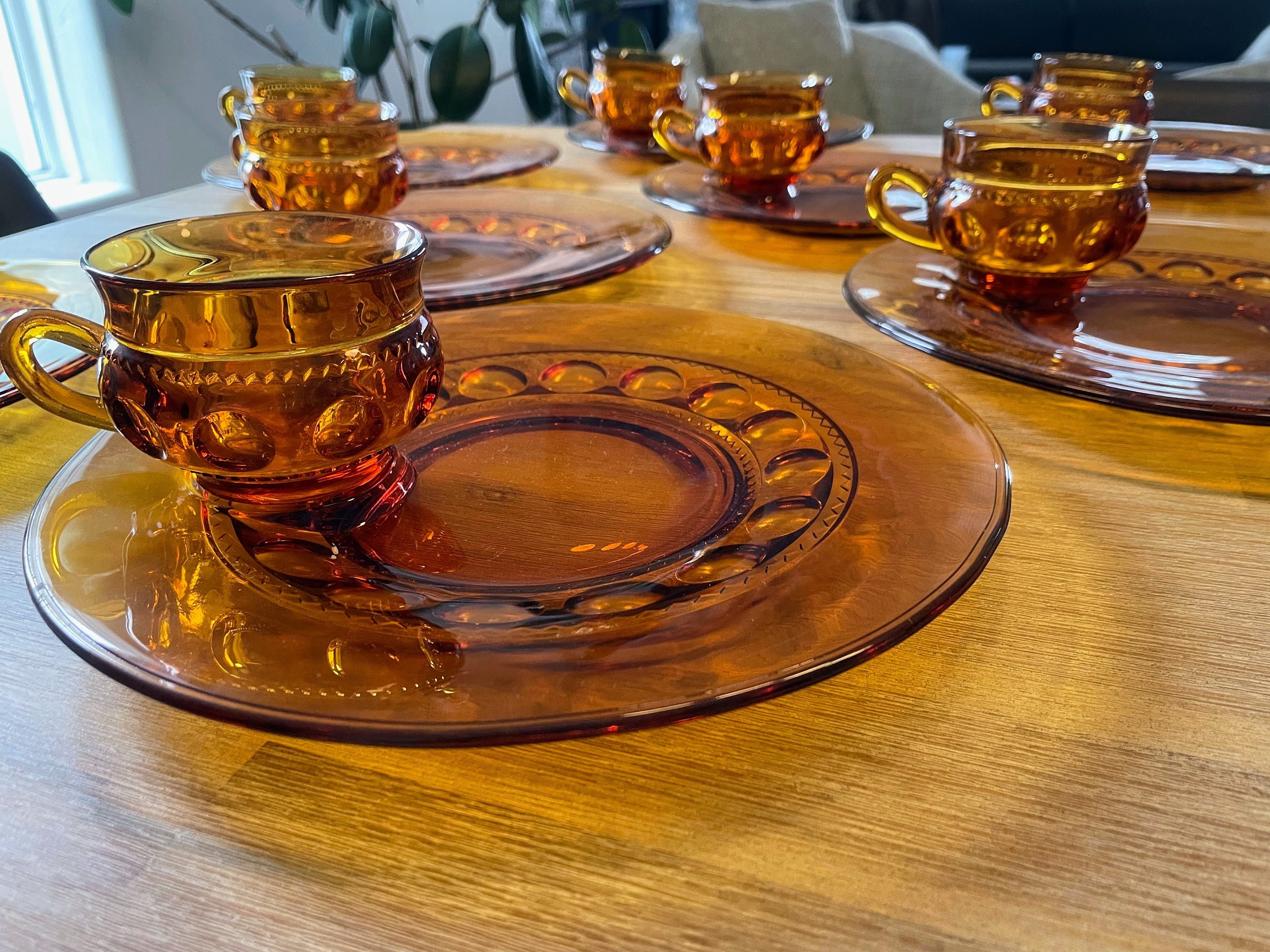 Amber Snack Plates With Cups Indiana Glass Set of 8 Etsy