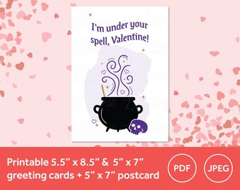 Printable Valloween Valentines Day card | I'm Under Your Spell, Valentine card with witchy cauldron | Valloween, Spooky Valentines Day, Love