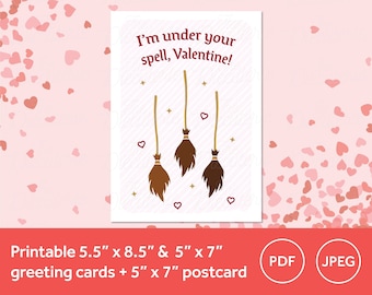 Printable Valloween Valentines Day card | I'm Under Your Spell, Valentine card with witchy brooms | Valloween, Spooky Valentines Day, Love