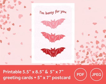 Printable Valloween Valentines Day card | I'm Batty For You | Valloween, Halloween, Spooky Valentines Day, Love, Bats