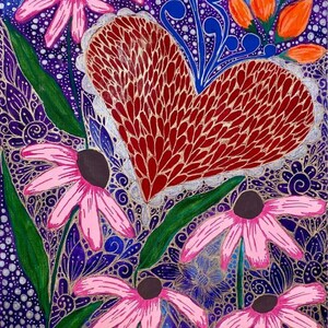 May include: A red heart with gold details is surrounded by pink flowers with brown centers on a purple background with gold and silver accents.