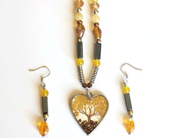 Yellow Citrine and Copper Tree of Life in a Resin Heart. Glass Beaded Necklace W/Crystals and Hematite Rectangle Beads and Matching Earrings