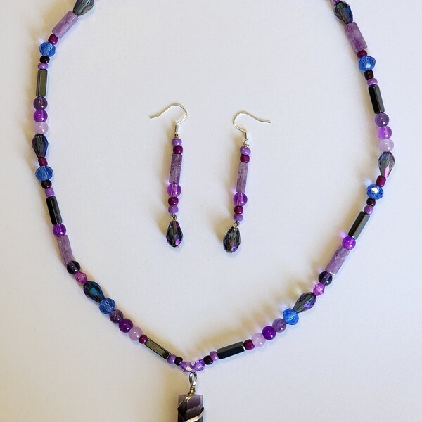 Amythest Silver Wire Wrapped Pendant with a Hematite, Amythest, Crystal and Glass Beaded Necklace With Matching Earrings