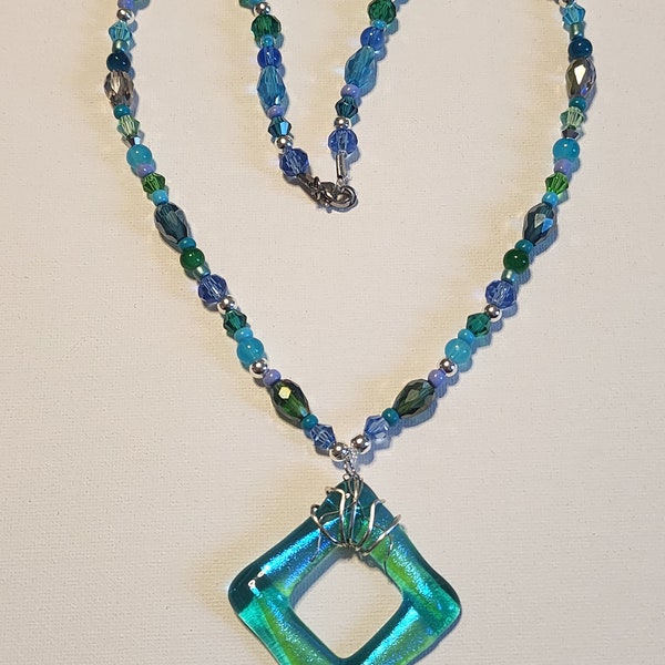 Iridescent Green And Blue Glass Pendant W/ a Crystal and Glass Beaded Necklace.