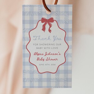 Red White and Due Baby Shower Tag, 4th of July Baby Shower Favor Tag, Patriotic Baby Shower Invitation, Firework Thank You Tag Gingham