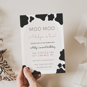 Moo Moo I&#39;m Two Invitation, Editable Cow Birthday Invitation Girl, Cow 2nd Invitation Girl, Cow Birthday Invitation, Instant Download