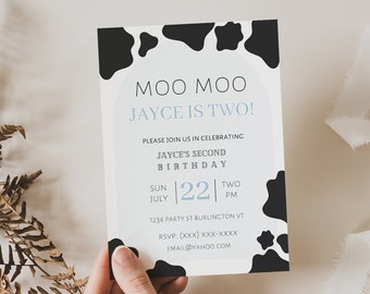 Moo Moo I'm Two Invitation, Editable Cow Birthday Invitation Boy, Cow 2nd Invitation Boy, Cow Birthday Invitation, Instant Download