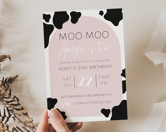 Modèle d'invitation d'anniversaire Moo Moo j'ai deux ans, deuxième anniversaire, invitation imprimable fête vache, anniversaire de fille, 2e anniversaire