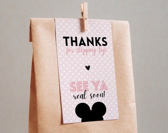 Minnie julgranskulor tacketikett, Minnie Mouse rosa julgranskulor tacketikett för födelsedag, Musse Pigg, redigerbar direktnedladdning