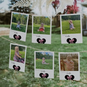 Puede incluir: Un conjunto de 10 fotos enmarcadas que muestran el crecimiento de un beb&eacute; de siete a doce meses. Cada foto est&aacute; decorada con un dise&ntilde;o de orejas de Minnie Mouse en negro y rosa y la edad del beb&eacute; en meses est&aacute; escrita debajo de la foto.