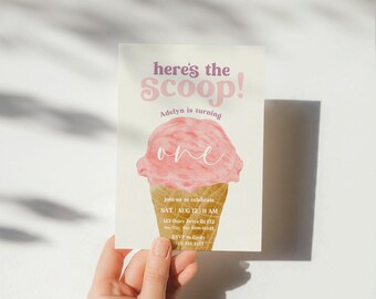 Ice Cream Birthday Party Invitation Template, Here's the Scoop, Printable Birthday Invite, Pool Party Birthday, First Birthday Invitation
