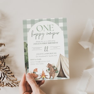 Un modèle d'invitation d'anniversaire joyeux campeur, invitation camping 1er anniversaire, anniversaire animaux de la forêt, modèle modifiable, invitation de camping