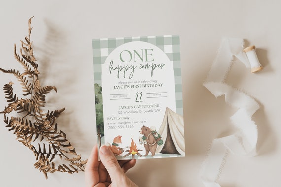 One Happy Camper Birthday Invitation Template, Camping 1st Birthday Invite, Woodland Animals Birthday, Editable Template, Camping Invitation