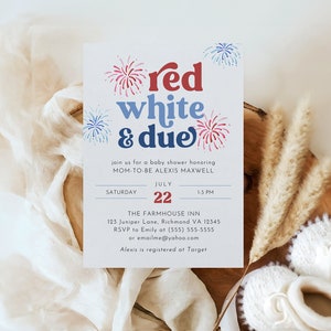 Rood wit en due baby shower uitnodiging, 4 juli baby shower uitnodiging, patriottische baby shower uitnodiging, vuurwerk uitnodigen sjabloon