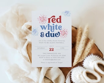 Zaproszenie na baby shower w kolorze czerwono-białym i duetowym, Zaproszenie na baby shower z okazji 4 lipca, Patriotyczne zaproszenie na baby shower, Szablon zaproszenia na pokaz fajerwerków