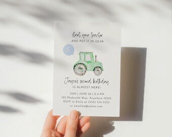 Green Tractor Birthday Invitation, Tractor Invitation, Boy 2nd Birthday Invite, Farm Birthday Invitation, Editable Template Minimalist Evite