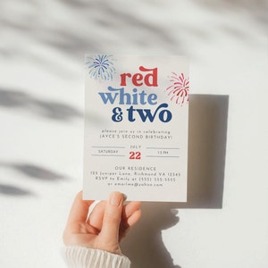 Red White and Two Birthday Invitation, 4th of July Patriotic 2nd Birthday Invite, 4th of July 2nd Birthday Invitation Template, 2nd Birthday