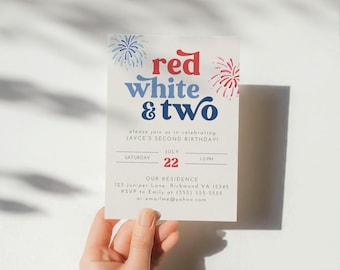 Red White and Two Birthday Invitation, 4th of July Patriotic 2nd Birthday Invite, 4th of July 2nd Birthday Invitation Template, 2nd Birthday