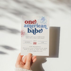 One American Babe Geburtstagseinladung, 4. Juli Vaterländischen 1. Geburtstag einladen, 4. Juli 1. Geburtstag Einladungsvorlage, 1. Geburtstag