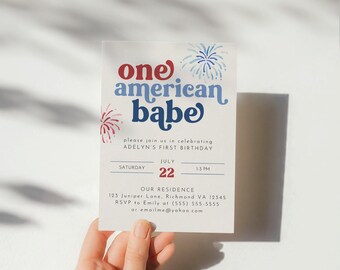 One American Babe Birthday Invitation, 4th of July Patriotic 1st Birthday Invite, 4th of July 1st Birthday Invitation Template, 1st Birthday