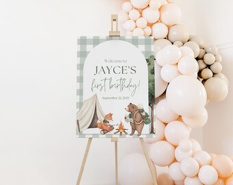 One Happy Camper Welcome Sign, Welcome Sign One Happy Camper Fishing Lumberjack Birthday Party First Birthday Sign, 1st Birthday Sign Bear