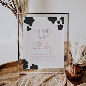 Don&#39;t Say Baby Clothespin Game, Rustic Baby Shower Sign, Cow Print Editable Template, Printable, Instant Download, Rustic Baby Shower Sign