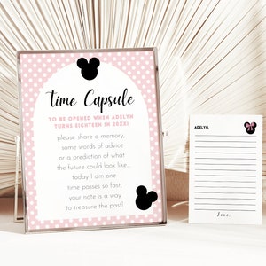 Minnie Mouse eerste verjaardag tijdcapsule, meisje Minnie 1e verjaardag, Minnie Mouse feestdecoratie, digitale afdrukbare bewerkbare sjabloon