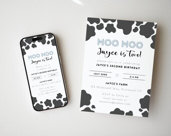 Moo Moo I'm Two Invitation, Editable Cow Birthday Invitation Boy, Cow 2nd Invitation Boy, Cow Birthday Invitation, Instant Download