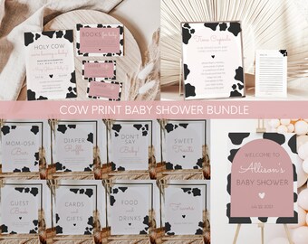 Op de afbeelding: Een set met printbare babyborrelborden met een koe-printontwerp. De borden bevatten "Holy Cow", "Mom-osa Bar", "Luierspel", "Zeg niet Baby", "Zoete Traktaties", "Gastenboek", "Kaarten en Cadeaus", "Eten en Drinken", "Favorieten", en "Welkom op Allison's Babyborrel".